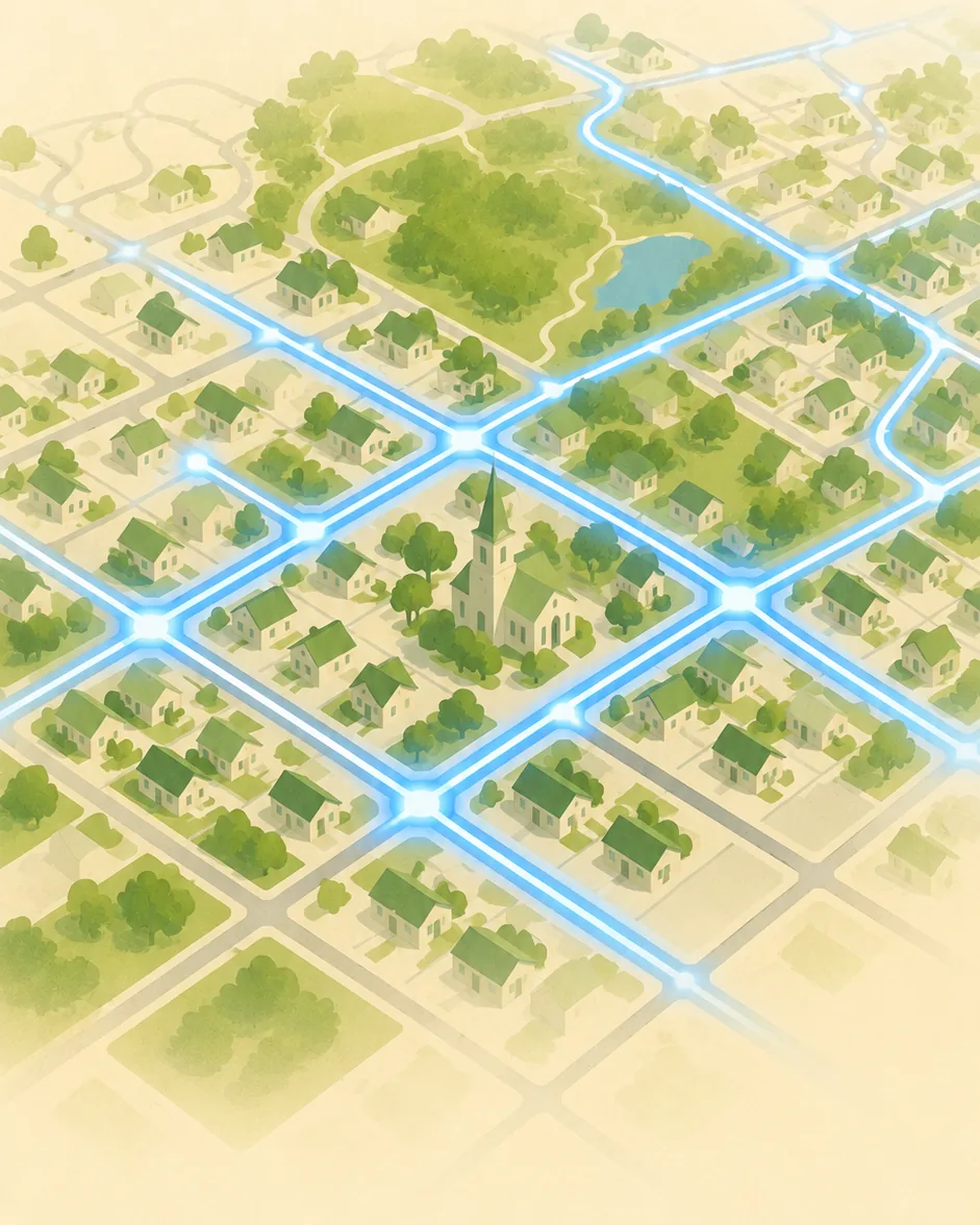 An aerial view of a town with streets lit up in blue where prayer walks have covered them