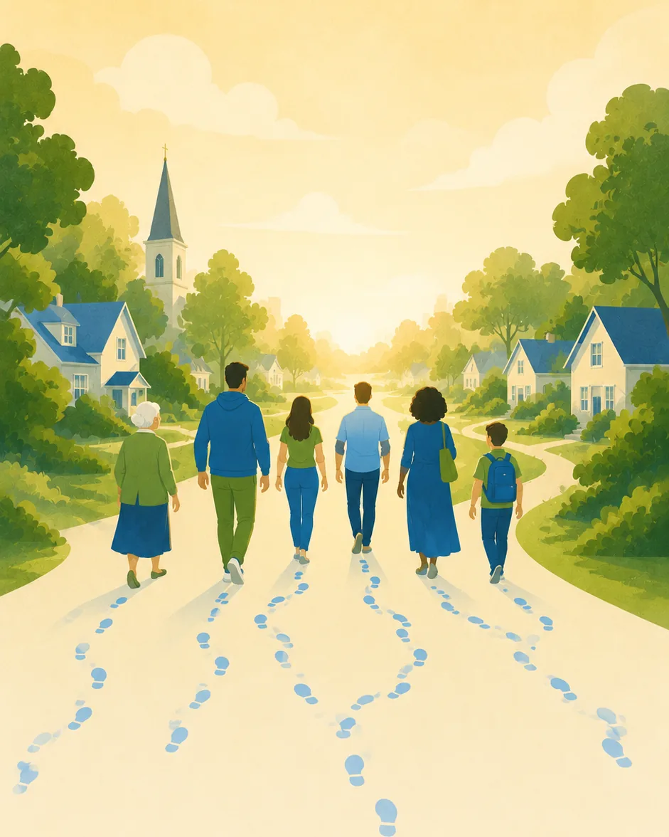 A group of people of different ages walking a street together, each leaving a trail of footprints
