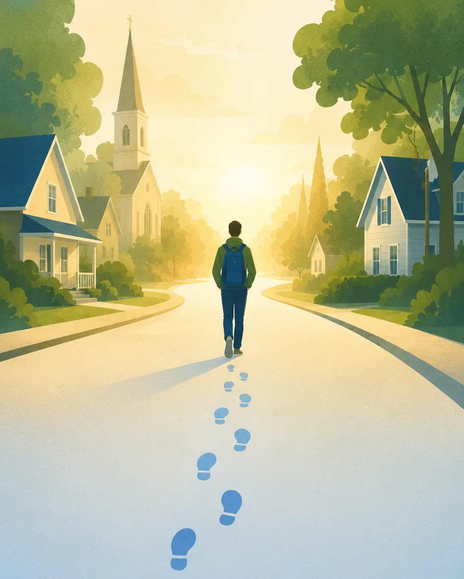 A person walking a neighbourhood street at sunrise, leaving a trail of glowing footprints